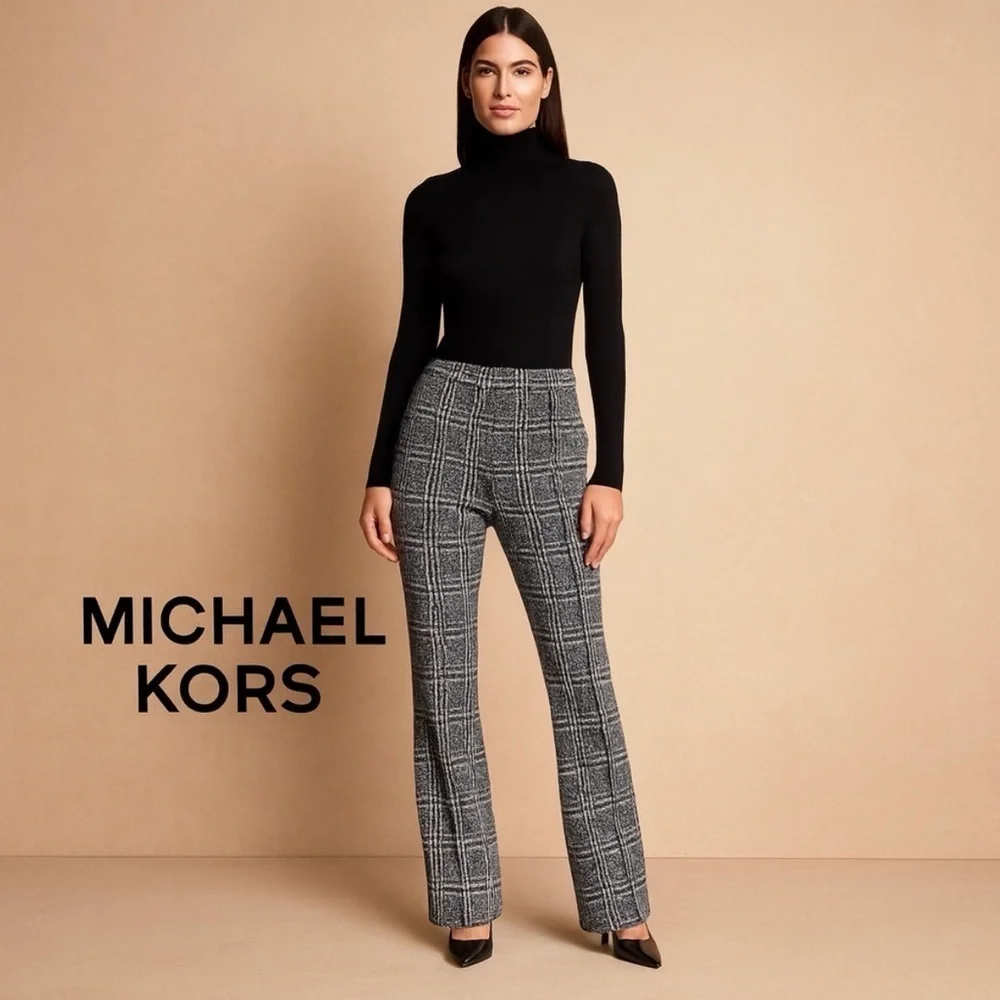 Michael Kors Plaid Straight Cut Pants Trousers Side Zipper Black & Gray Size L